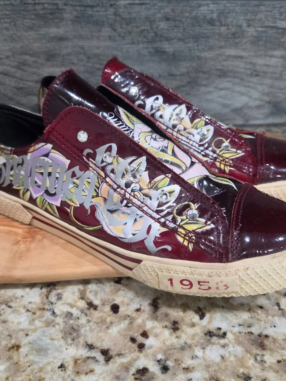 Christian Audigier Womens Sneakers Size 9 US Tattoo Maroon Patent Leather Y2K